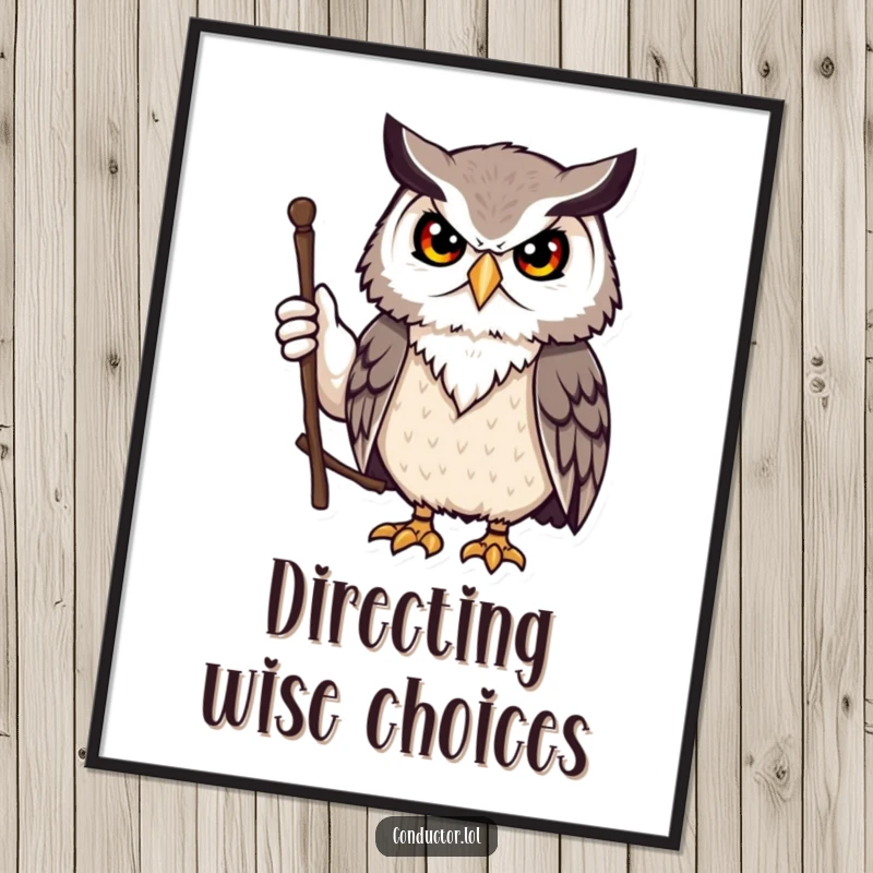 Funny owl leader poster, showing a wise owl directing with a stick. A humorous wall art gift.
