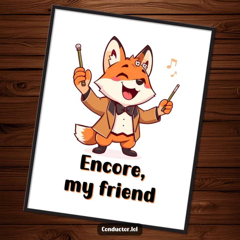 Funny Fox Conductor Poster showing a playful fox maestro striking a dramatic pose with a baton held high, full of expression.