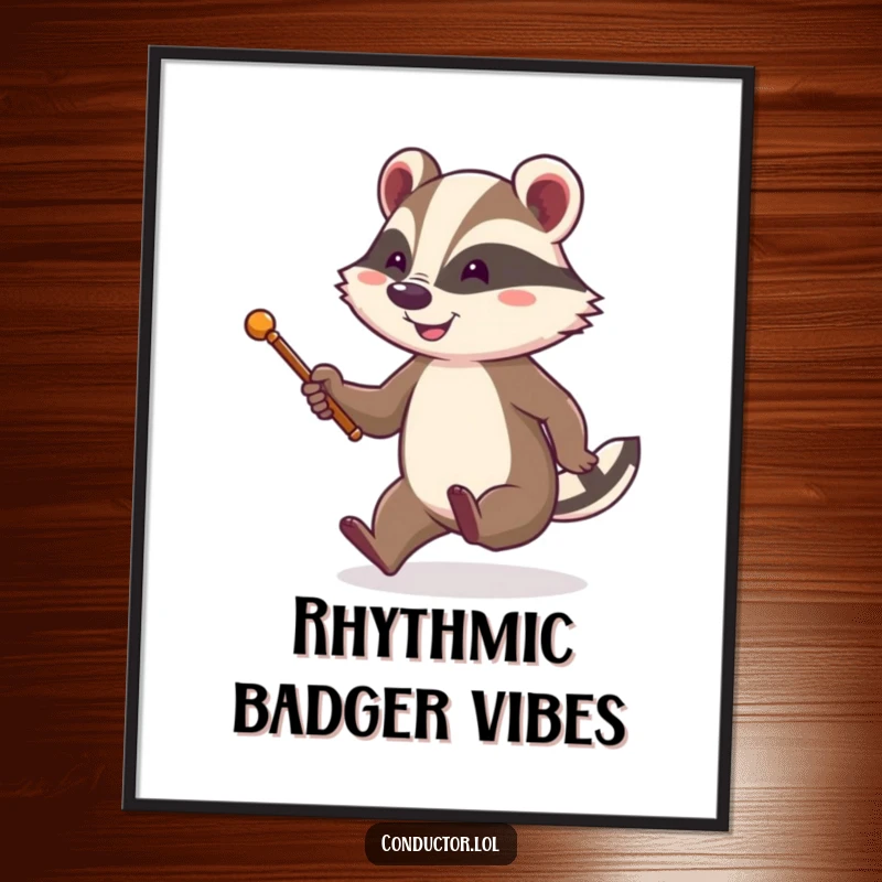Funny poster art of a cheerful badger with a baton, energetically tapping its foot while smiling, embodying joyful leadership.