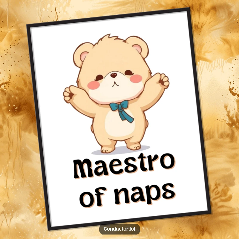 Funny poster of a fluffy bear character conducting with a grand sweeping motion, bringing musical humor to wall decor.