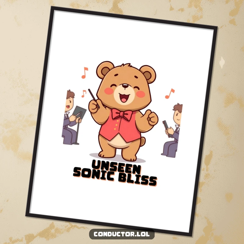 Funny Bear Conductor Poster showing a bear maestro energetically conducting an unseen orchestra with a beaming, joyful expression for wall decor.