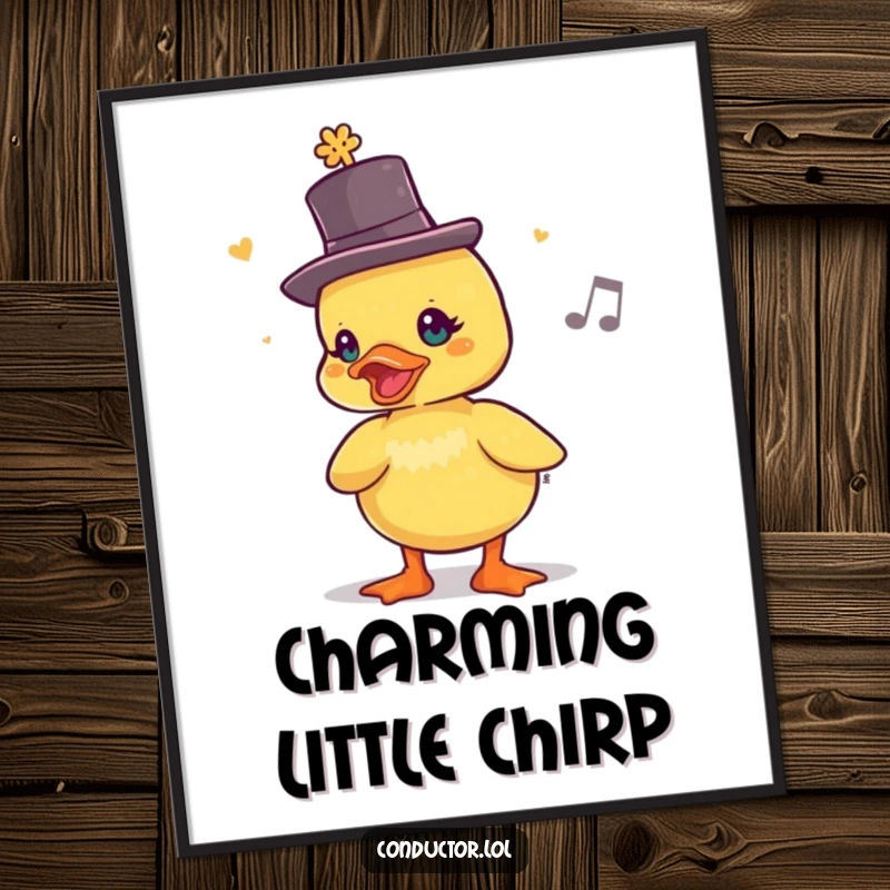 Funny Duckling Maestro Poster: a duckling in a top hat chirps a lively rhythm, perfect for cheerful wall art.