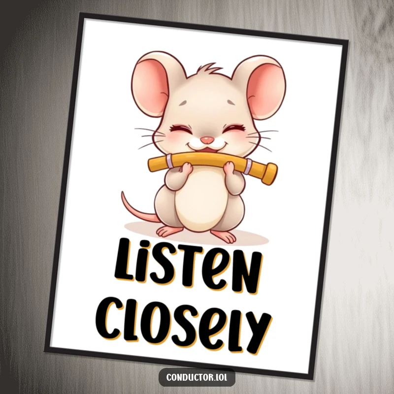 Funny Flute Mouse Poster: Tiny smiling mouse plays a flute with closed eyes, a joyful wall art gift.