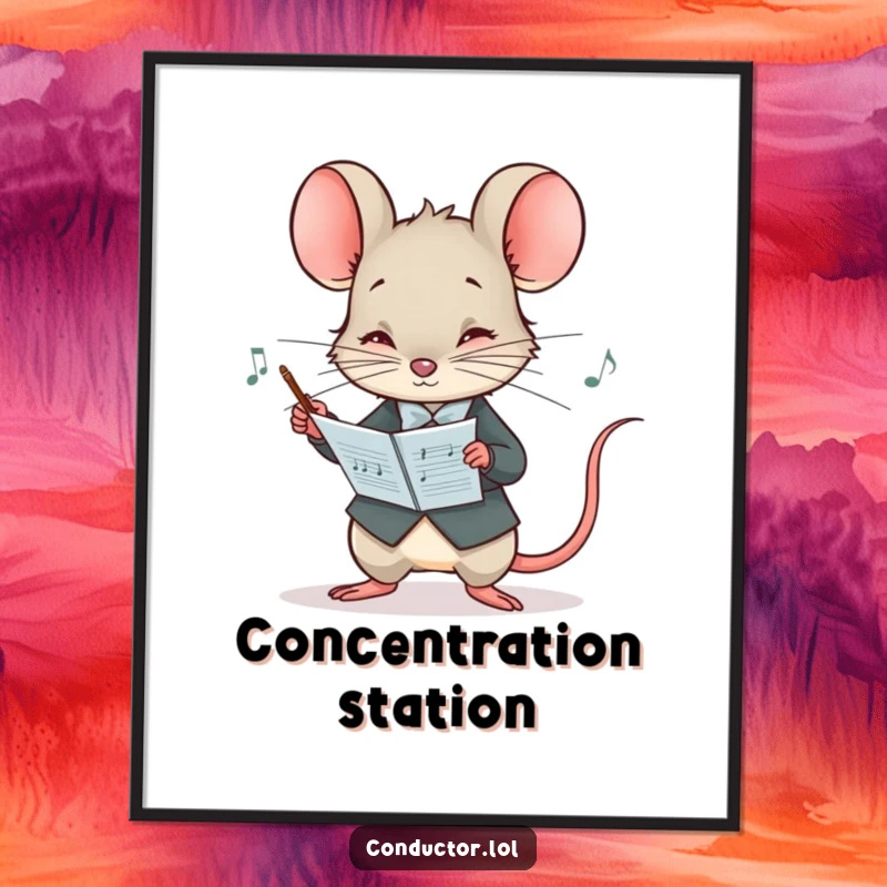 Funny poster featuring a curious mouse conductor peering at a musical score with intense concentration, a masterpiece of observation.