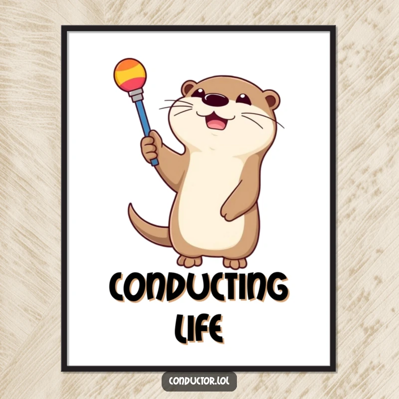 Funny, happy otter gleefully waving a colorful baton like a conductor, as wall art. Perfect for music rooms.