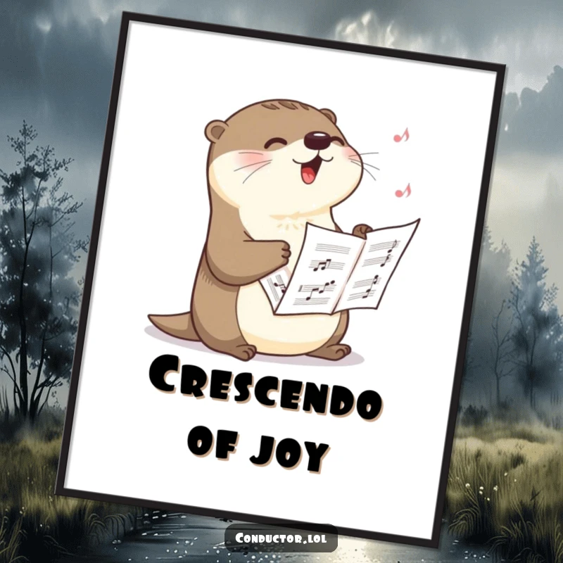 Funny poster art of a happy otter singing a dramatic crescendo with sheet music, capturing a moment of powerful vocal performance, a great funny gift.