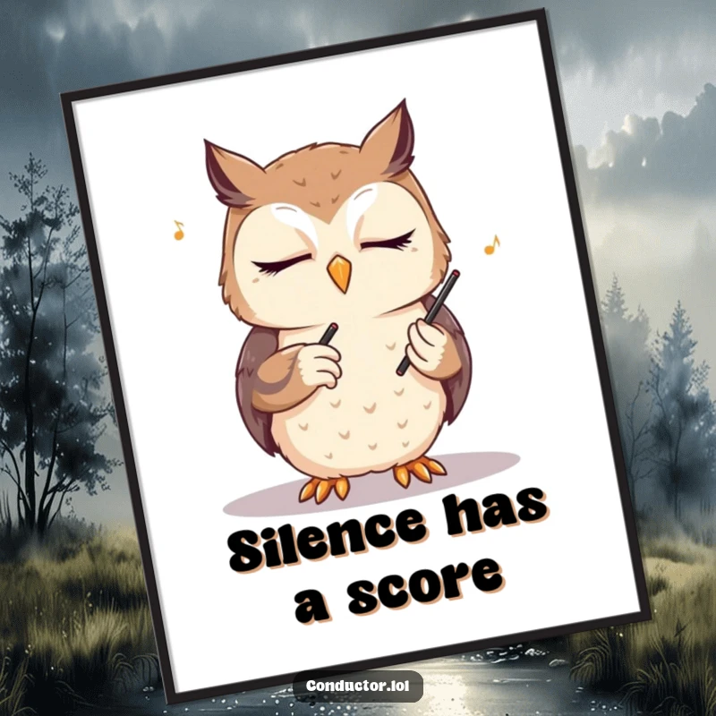 Funny owl conductor poster, eyes closed, conducting an unseen orchestra, depicting a scene of peaceful musical direction with wise, humorous undertones.