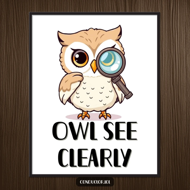 Funny poster of a curious owl intently looking through a spyglass at a distant, detailed section, symbolizing exploration.