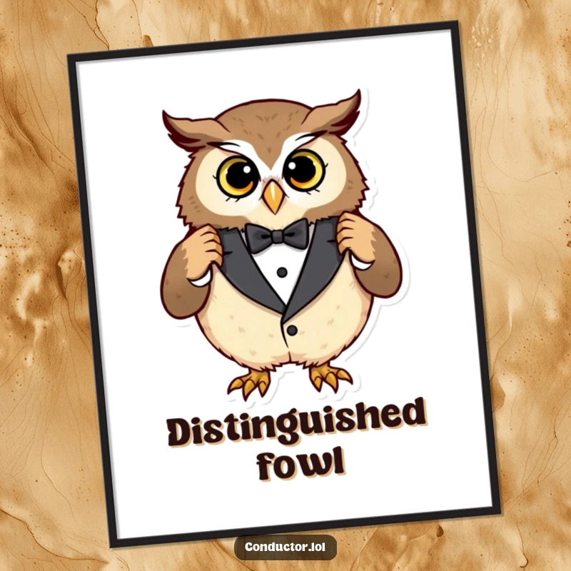Funny owl tuxedo poster, a curious owl adjusting an oversized tuxedo with a pleased expression, ideal humorous wall art.