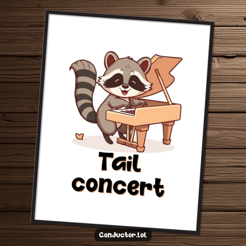 Funny Poster: Happy raccoon energetically playing grand piano keys with its tail, a lively and humorous piece.