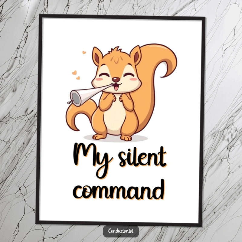 Funny squirrel conductor poster, blowing an invisible whistle with a triumphant flourish, depicting a scene of musical passion and comical animal artistry.