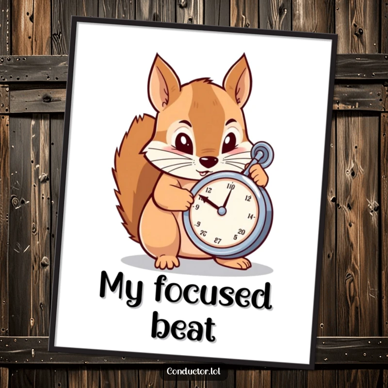 Funny Poster: A determined cartoon squirrel meticulously adjusting a metronome with great focus, adding a humorous touch of musical discipline.
