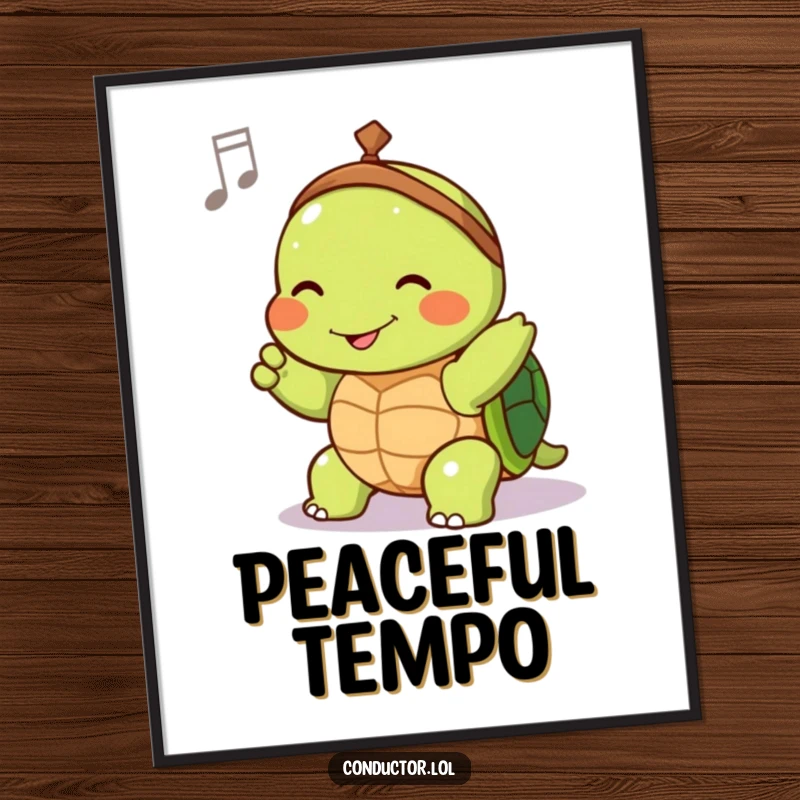 Funny poster featuring a joyful turtle conductor slowly guiding tempo with a contented smile, a masterpiece of calm.