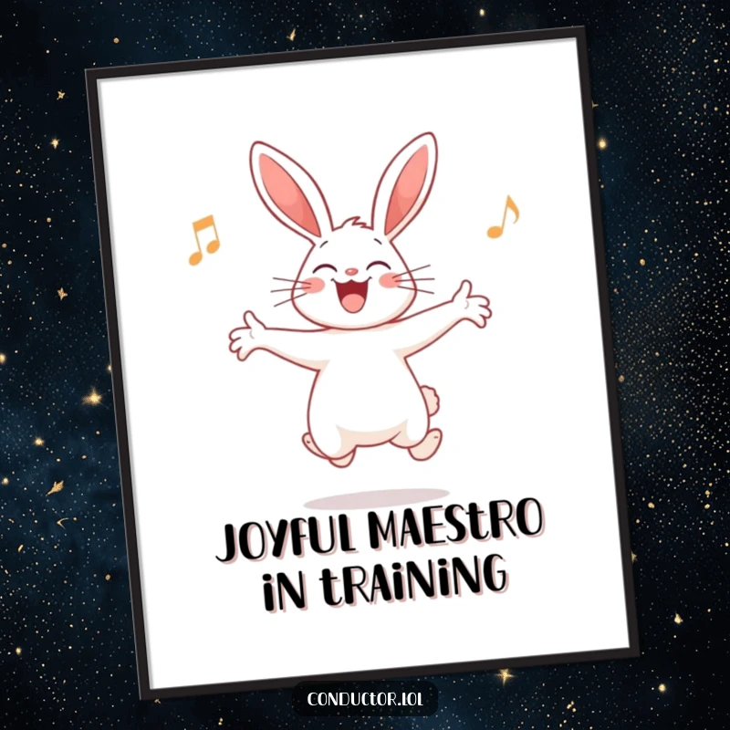 Funny Rabbit Conductor Poster: A whimsical illustration of a giggling rabbit leading an imaginary orchestra with joyful leaps.