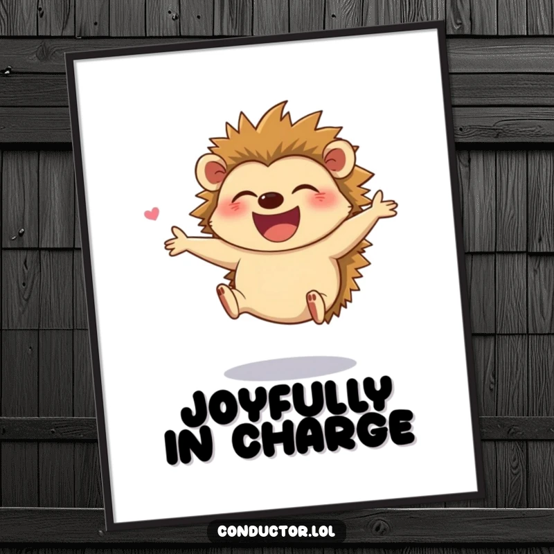 Funny poster of a giggling hedgehog leaping with joy while directing, bringing cheerful energy and humor to decor.