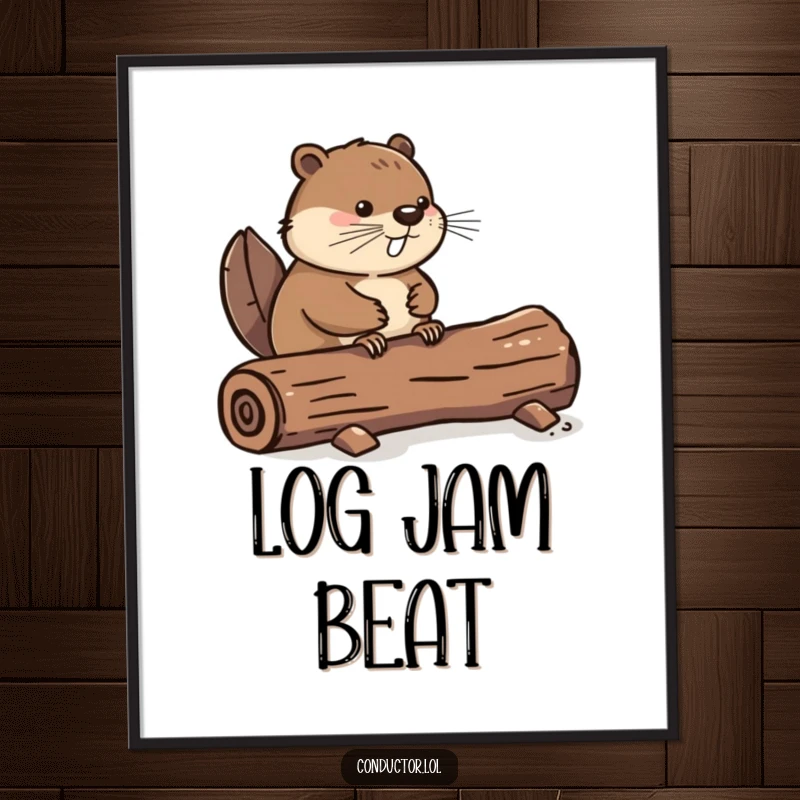 Funny beaver poster art showing a determined beaver tapping its tail rhythmically on a log, adding a unique musical element, a great funny gift.