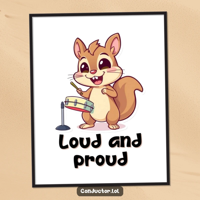 Funny poster art of an energetic squirrel character gleefully banging on cymbals with wide, excited eyes, full of life.