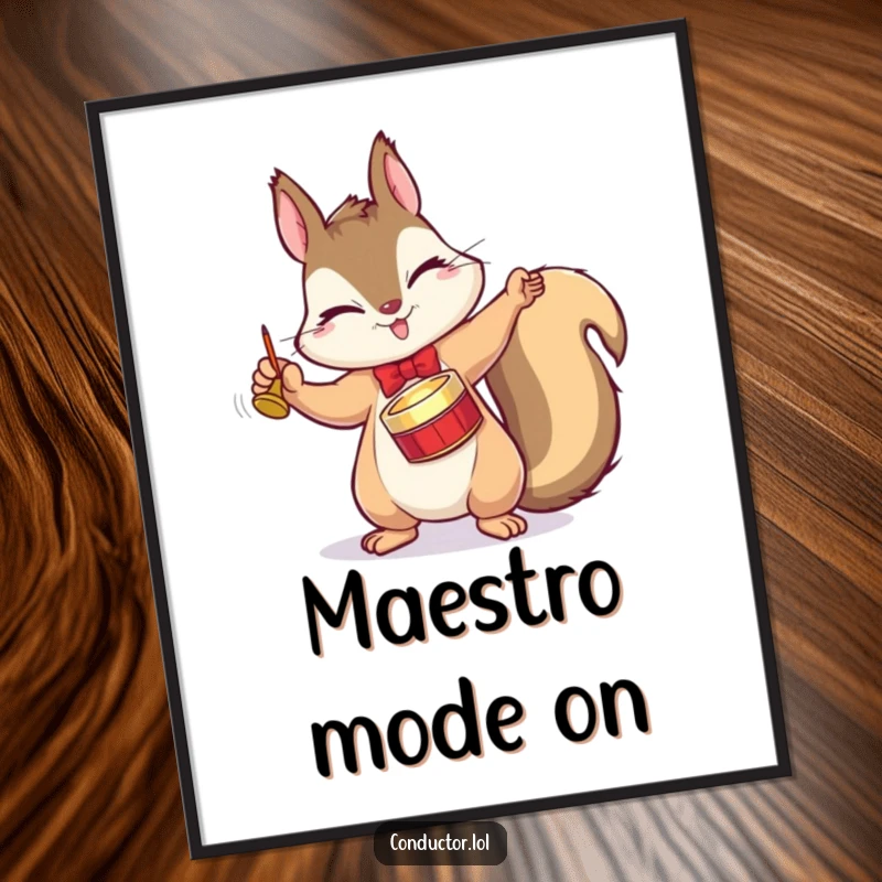 Funny poster featuring a winking squirrel conductor dramatically tapping a tiny cymbal with a flourish, a maestro of wall art.