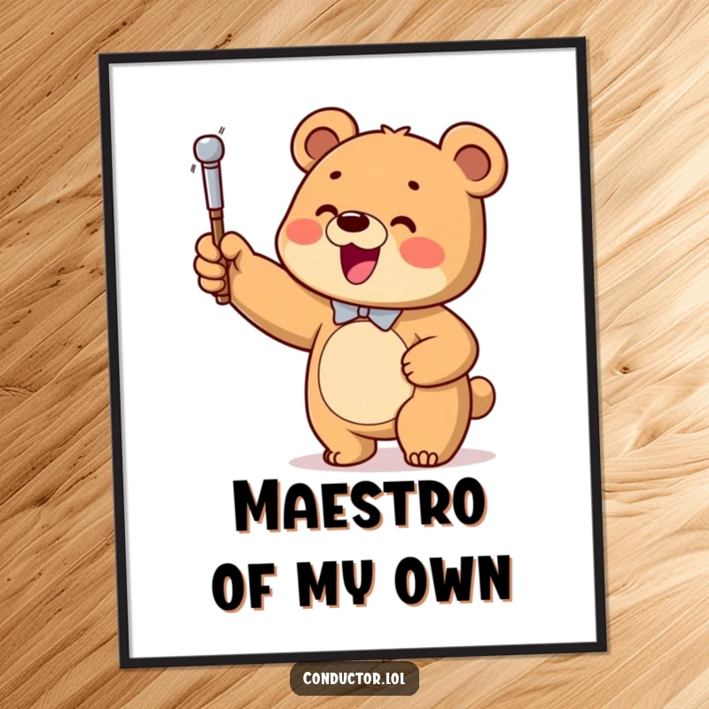 Funny Bear Conductor Poster, illustrating a happy bear cub with great enthusiasm waving a baton at an unseen orchestra.