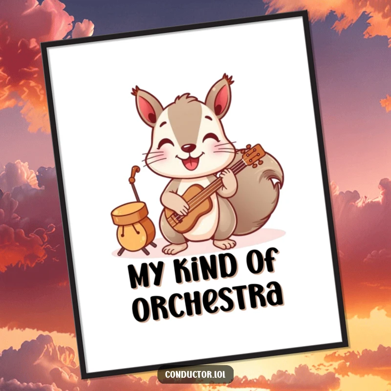 Funny poster of a playful squirrel conducting a band of tiny instruments, creating a whimsical and cheerful musical scene for walls.