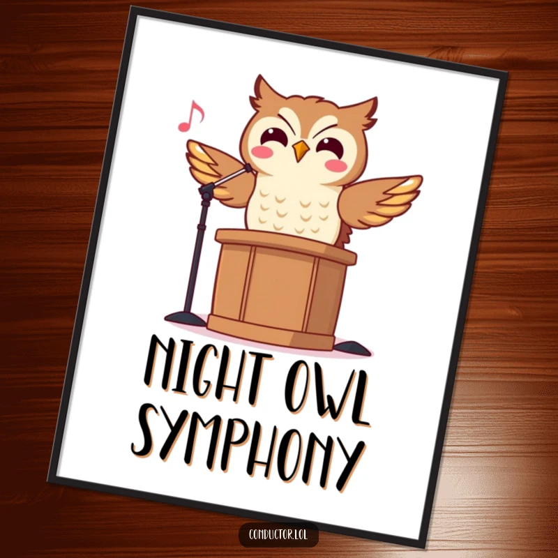 Funny Owl Conductor Poster showing a cheerful owl maestro perched high, rhythmically bobbing its head while conducting a symphony.