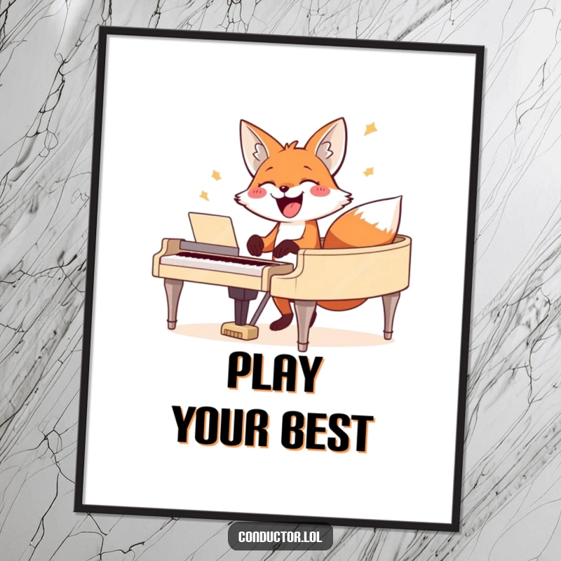 Funny fox poster, depicting a joyful fox striking a powerful chord on a grand piano with a wide grin.