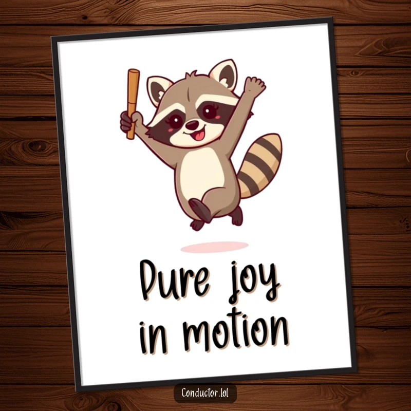 Funny raccoon conductor poster, enthusiastically leaping with a baton, portraying a scene of energetic musical direction and playful raccoon antics.