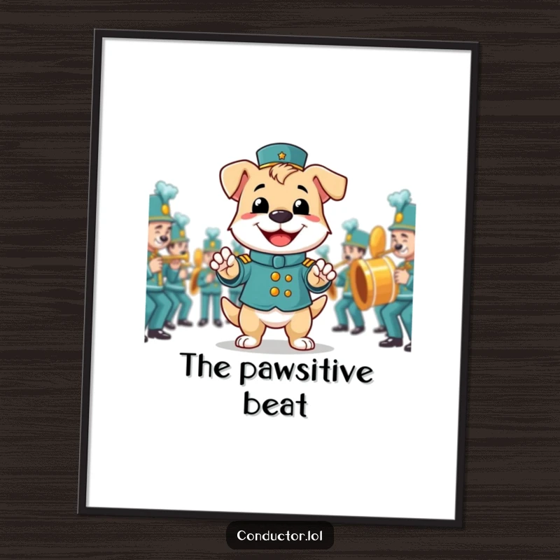 Funny poster of a smiling dog proudly directing a marching band, radiating happiness and musical energy.