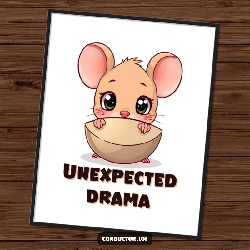 Funny Surprised Mouse Cymbal Poster: A wide-eyed cartoon mouse peeking from behind a large cymbal, full of shock.