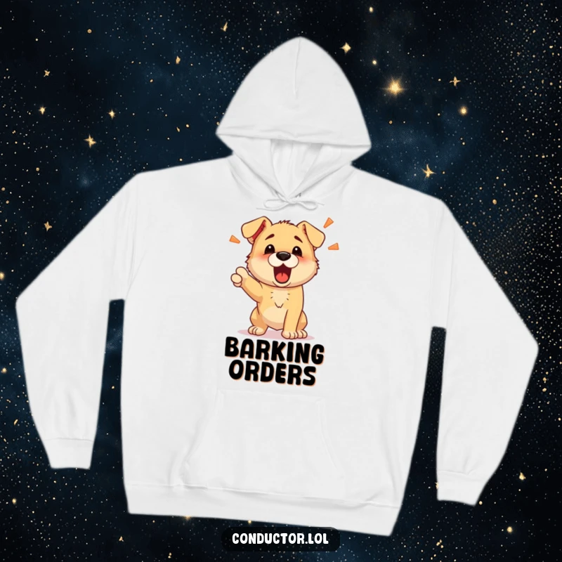Funny hoodie featuring a determined puppy barking energetic commands, offering warmth and playful, authoritative humor.