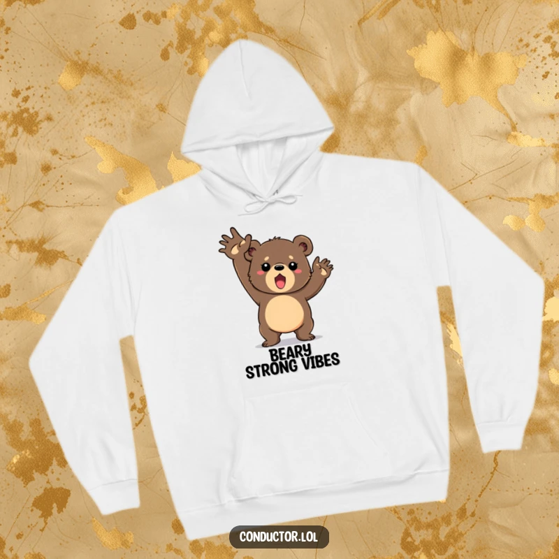 Funny hoodie featuring a determined bear cub vigorously swinging its arms in a grand gesture, offering warmth and motivational vibes.