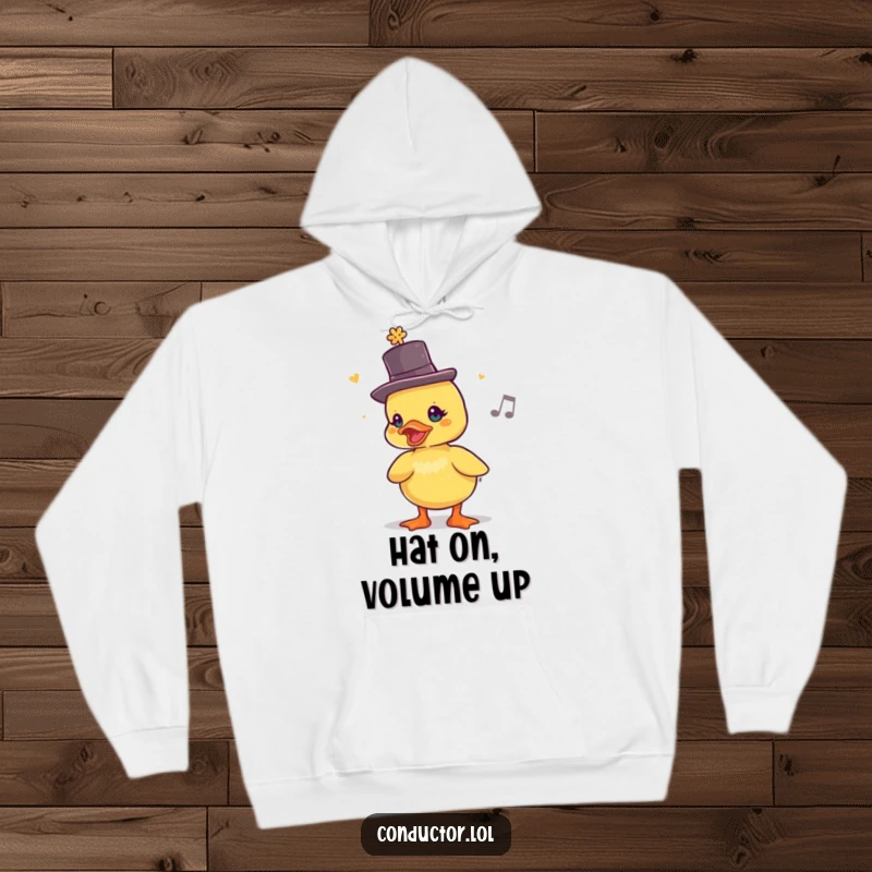 Funny Duckling DJ Hoodie: a duckling in a tiny top hat chirps out a lively rhythm, radiating happiness.