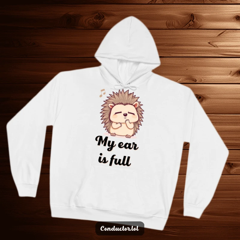 Funny hedgehog hoodie, showing a cute hedgehog listening to music with closed eyes and humming, ideal for cold weather.