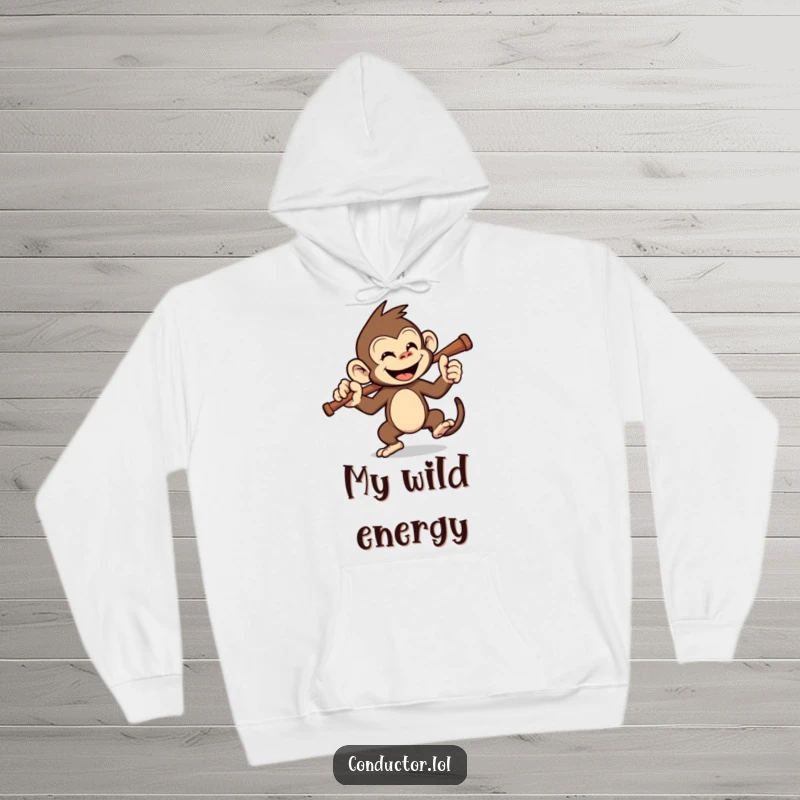 Funny monkey conductor hoodie, depicting a cheerful monkey leading with a baton. A warm, funny gift.