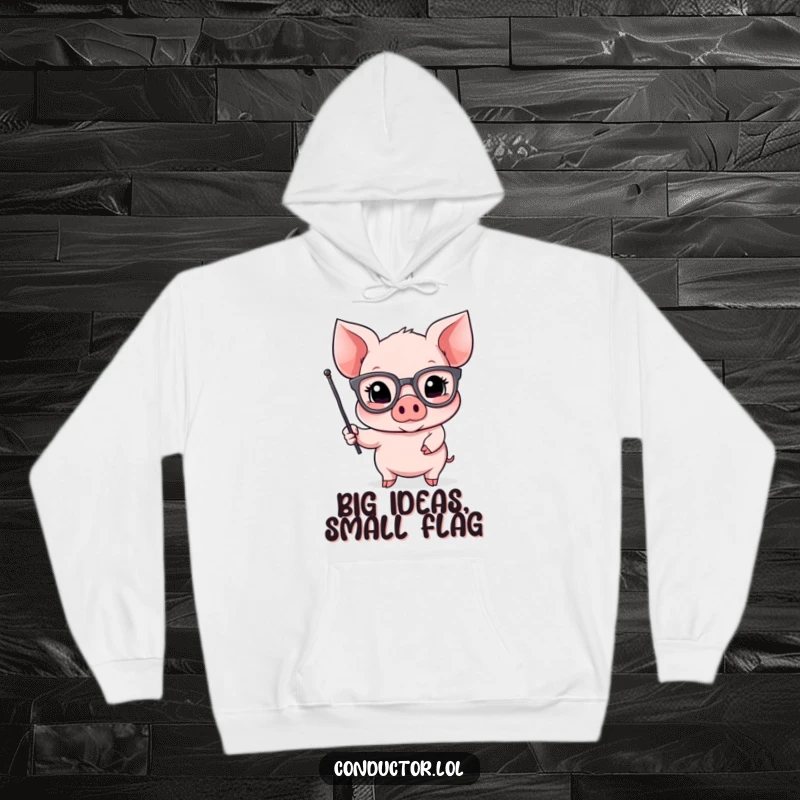 Funny Piglet Orator Hoodie: a piglet in oversized spectacles gestures dramatically with a small flag, full of conviction.