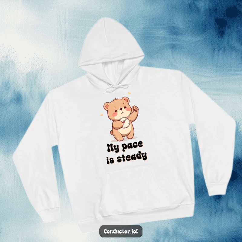 Funny Bear Metronome Hoodie: A little bear precisely swings a metronome, offering warmth and humor.