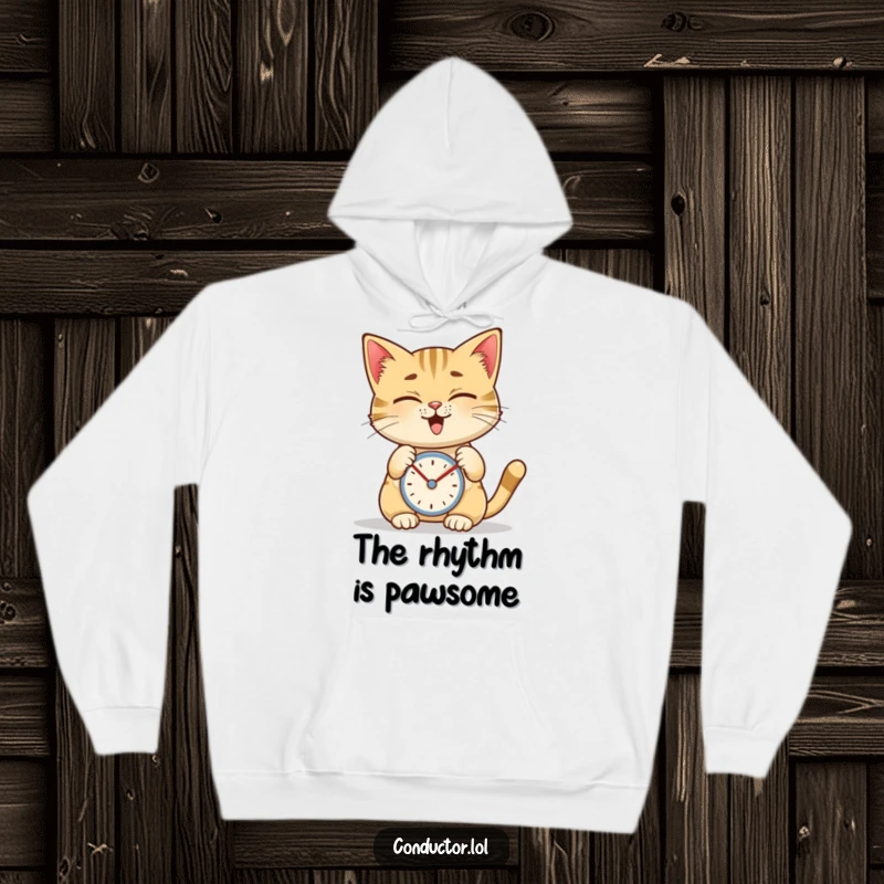 Funny hoodie featuring a giggling cat tapping a metronome with a concentrated expression, ideal for music enthusiasts.