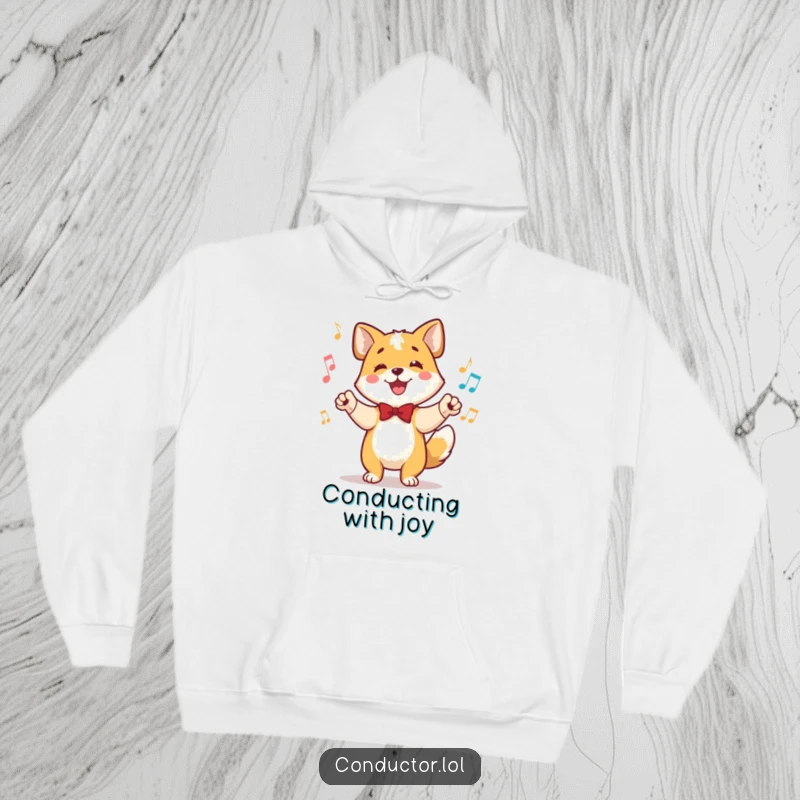 Funny hoodie featuring a happy dog conductor leading with its tail wagging in time, ears perked, embodying musical direction.