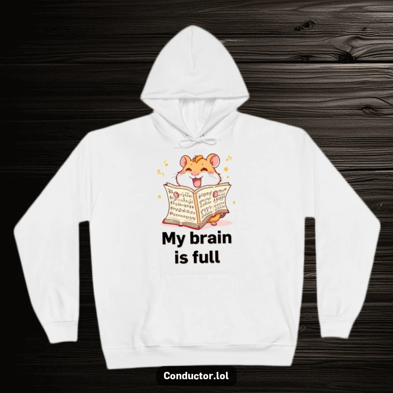 Funny Hamster Score Hoodie: A giggling hamster furiously turns pages of a music score.