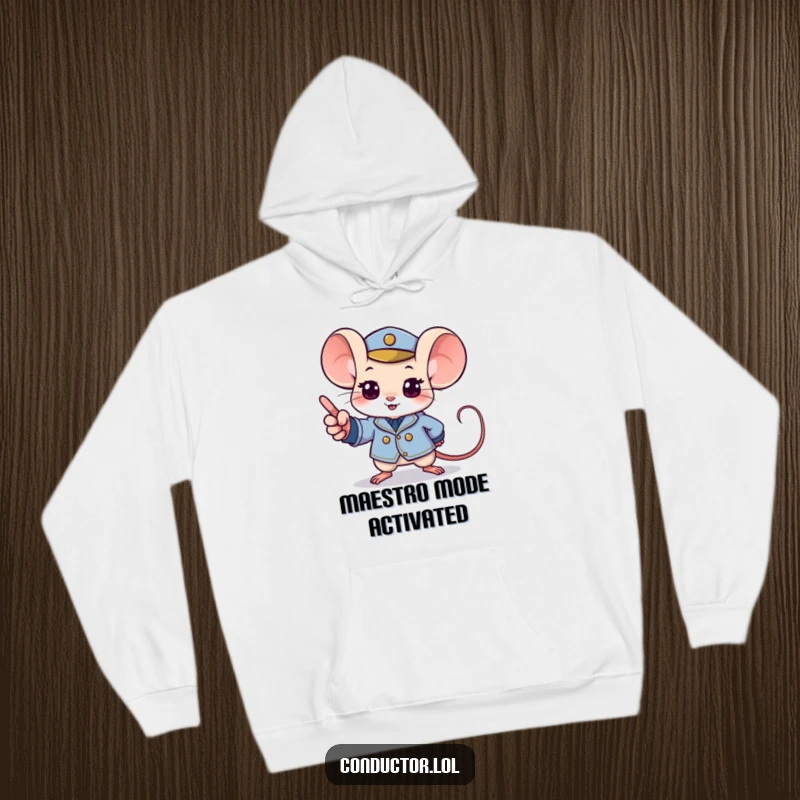 Funny mouse hoodie featuring a determined mouse in a tiny uniform pointing with excitement towards a musical crescendo.