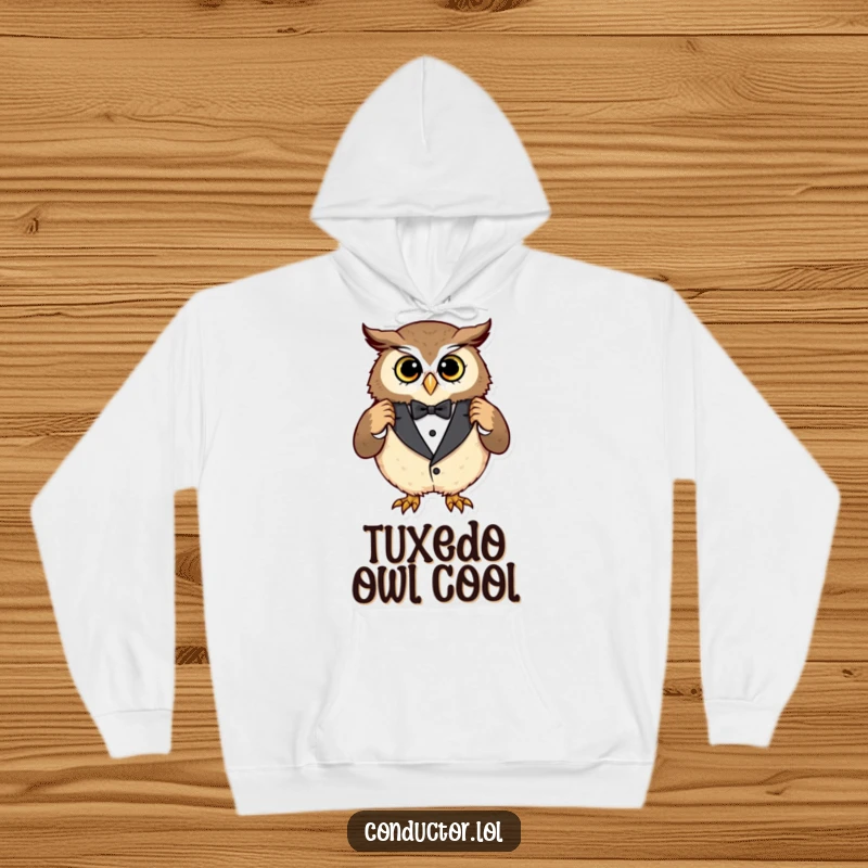 Funny owl tuxedo hoodie, showing a curious owl adjusting an oversized tuxedo with a pleased expression, perfect for stylish comfort.