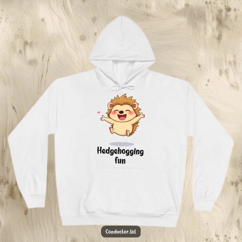 Funny hoodie with a giggling hedgehog leaping joyfully while directing, offering warmth and infectious happiness.