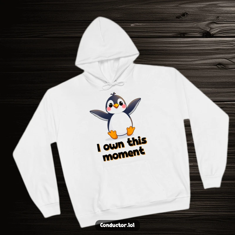 Funny hoodie featuring a playful penguin striking a grand pose with arms outstretched wide, radiating confidence and theatrical energy, an ideal funny gift.
