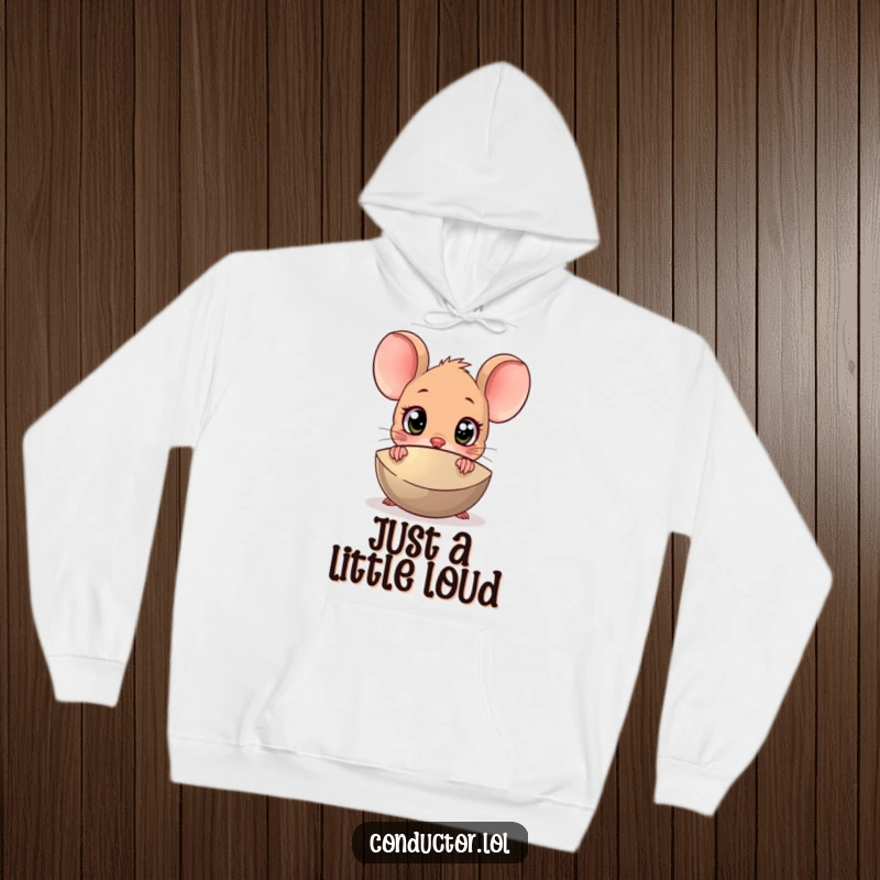 Funny Surprised Mouse Cymbal Hoodie: A wide-eyed cartoon mouse peeking from behind a cymbal, full of surprise.