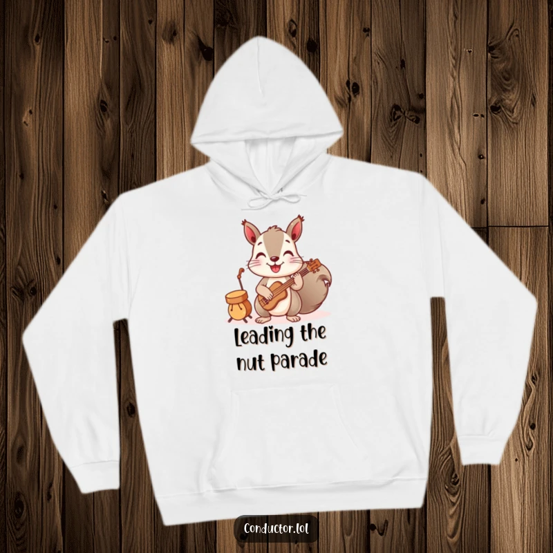 Funny hoodie with a playful squirrel leading a band of miniature instruments, combining cozy comfort with whimsical musical fun.