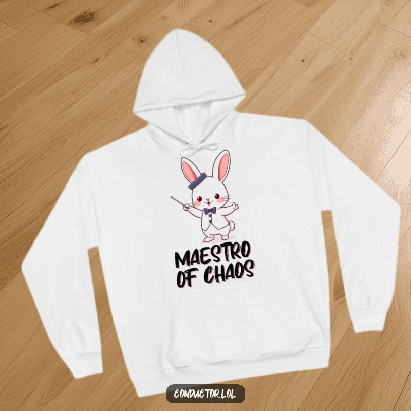 Funny cute bunny conductor wearing a small top hat, enthusiastically waving a baton, featured on a warm hoodie.