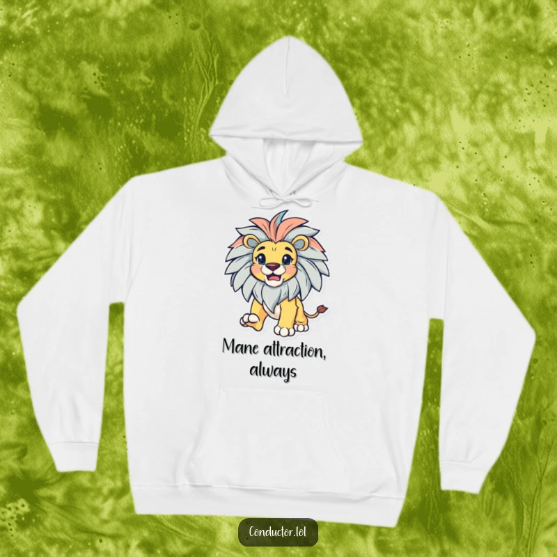 Funny bold lion with a magnificent mane, leading with gusto, on a warm hoodie, perfect for leaders.