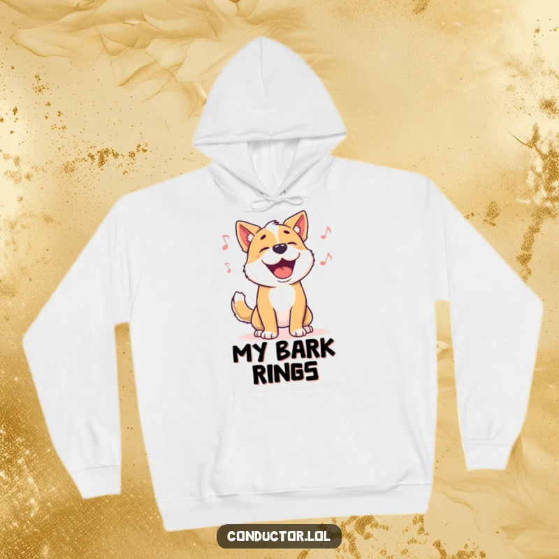Funny dog hoodie, showing a proud dog barking along to music, with a happy wagging tail, great for warmth.