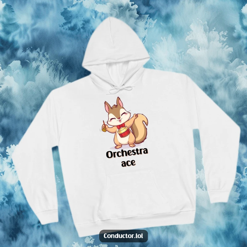 Funny hoodie with a winking squirrel conductor dramatically tapping a tiny cymbal with a flourish, perfect for cozy concert nights.