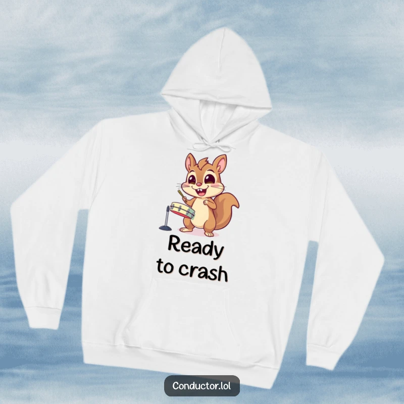 Funny hoodie showing an energetic squirrel character gleefully banging on cymbals with wide, enthusiastic eyes.